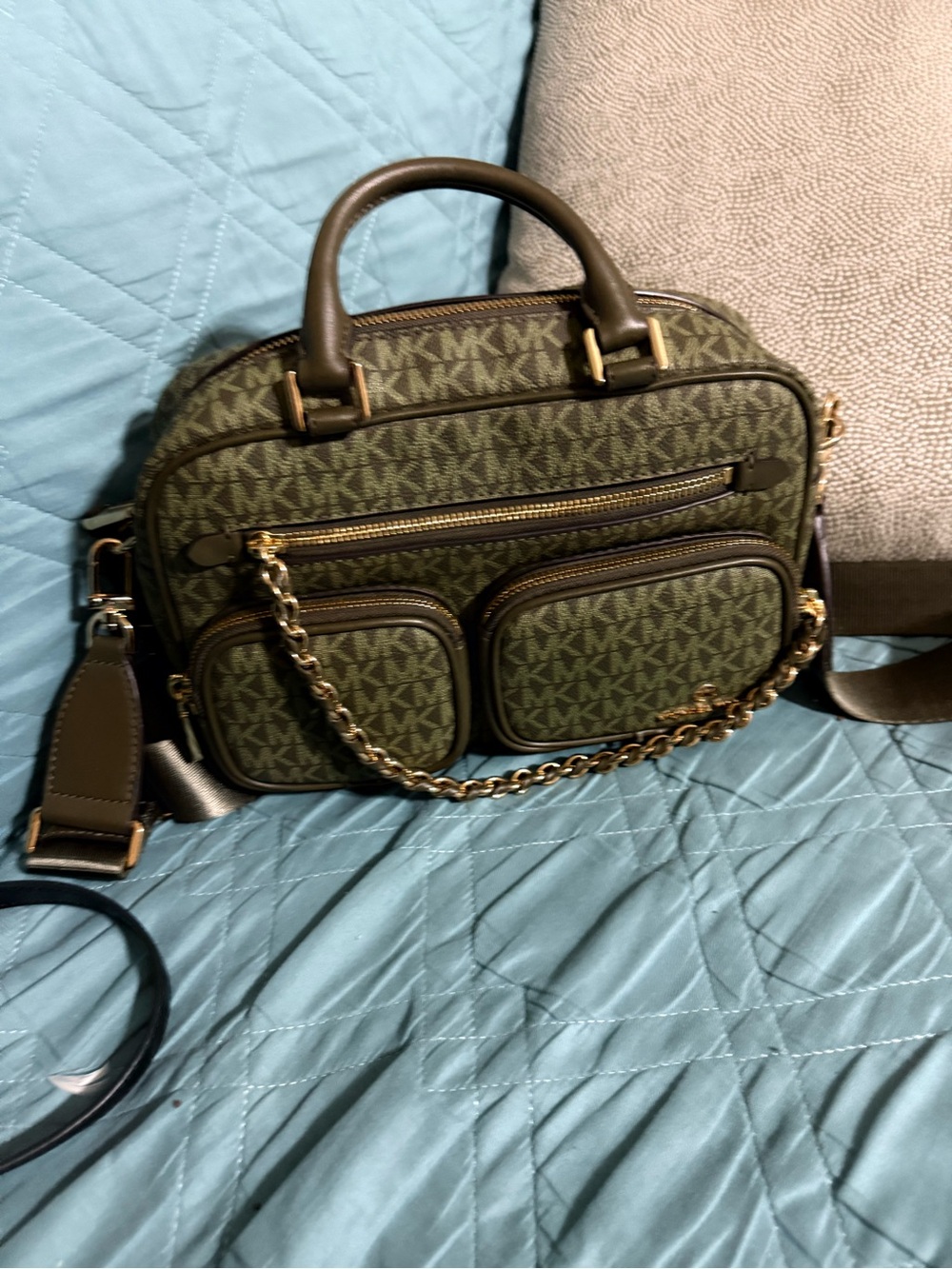 Michael Kors Olive Logo Messenger Bag with Gold Hardware